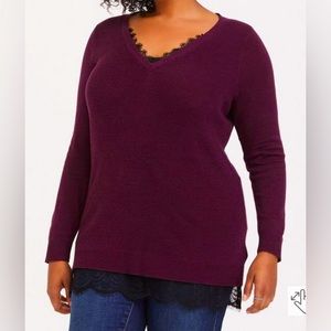 Torrid Wine Pullover Lace Trim V-Neck Tunic Sweater - Size 2